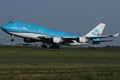 KLM Jumbo Boeing B747 plane taking off from Polderbaan, Amsterdam Airport Schiphol AMS Royalty Free Stock Photo