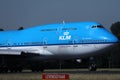 KLM plane B747 landing on airport, close-up view of cabin crew