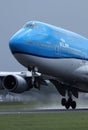 KLM plane B747 landing on airport, close-up view of cabin crew