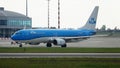 KLM plane taxiing to the runway at the airport in Prague