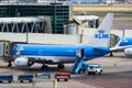 KLM Royal Dutch Airlines Boeing 737 taxiing to the gate of Amsterdam Schiphol airport Royalty Free Stock Photo