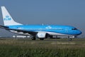 KLM Royal Dutch Airlines jet doing taxi in Schiphol Airport, Amsterdam. Closeup view of cabin crew Royalty Free Stock Photo