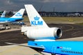 KLM Royal Dutch Airlines logo on McDonnell Douglas MD-11 airplane at the Amsterdam Schiphol airport. Royalty Free Stock Photo