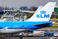 KLM Royal Dutch Airlines logo on a tail of Boeing 747 at the Amsterdam Schiphol Airport. Amsterdam, Netherlands, March 23, 2013. Royalty Free Stock Photo