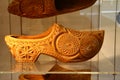 Klompen. Dutch wooden shoe. Wooden clogs with intricate styled design. Traditional Dutch footwear. Tradition of Holland and the Ne