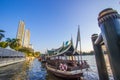 Klongsan,Bangkok,Thailand on 19/2/2019:At private pier of The Peninsula Bangkok Hotel,we can see hotel ferry boats and many buildi Royalty Free Stock Photo