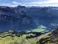 The Klontal Kloental alpine valley bellow the mountain Glarnisch Glaernisch and by the Klontalersee Kloentalersee lake Royalty Free Stock Photo