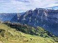 The Klontal Kloental alpine valley bellow the mountain Glarnisch Glaernisch and by the Klontalersee Kloentalersee lake Royalty Free Stock Photo