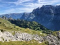 The Klontal Kloental alpine valley bellow the mountain Glarnisch Glaernisch and by the Klontalersee Kloentalersee lake Royalty Free Stock Photo