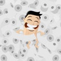 Funny cartoon illustration of an asian man taking a bath in in toilet paper rolls