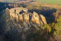 Klusfelsen in the Harz Mountains with cavities and caves in the sandstone rock rib Royalty Free Stock Photo