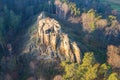 Klusfelsen in the Harz Mountains with cavities and caves in the sandstone rock rib Royalty Free Stock Photo