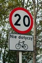 20km per hour speed limit road sign, not applied to bicycles. Located on Green Velo, the longest consistently marked cycle trail i