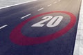 20 kmph or mph driving speed limit sign on highway Royalty Free Stock Photo