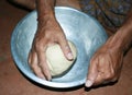 Kneading flour dough manually Royalty Free Stock Photo