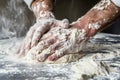 kneading pizza dough, hands covered in flour Royalty Free Stock Photo