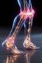 Knee joints illuminated with neon effects in human body showcasing skeletal structure and pain Royalty Free Stock Photo