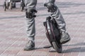 Knee pads on the feet for riding a monocycle Royalty Free Stock Photo