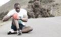 Knee pain, black man with fitness injury, health and wellness with red overlay, medical emergency and inflammation