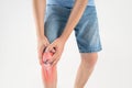 Knee pain, joint inflammation, bone fracture, man suffers from osteoarthritis, chiropractic treatments concept