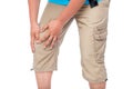 Knee pain, male hands clasped knee close-up