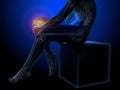 Knee pain. X-ray of the skeleton and legs. Anatomical body of a seated man. 3d medical illustration