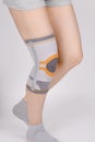 Knee Support Brace on leg isolated on white background. Elastic orthopedic orthosis. Anatomic braces for knee fixation Royalty Free Stock Photo