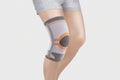 Knee Support Brace on leg isolated on white background. Orthopedic Anatomic Orthosis. Braces for knee fixation, injuries and pain. Royalty Free Stock Photo