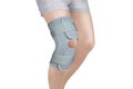 Knee Support Brace on leg isolated on white background. Orthopedic Anatomic Orthosis. Braces for knee fixation, injuries and pain. Royalty Free Stock Photo