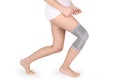 Knee Support Brace on leg isolated on white background. Orthopedic Anatomic Orthosis.