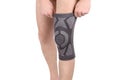 Knee Support Brace on leg isolated on white background. Orthopedic Anatomic Orthosis.