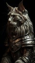 kneeling mainecoon knight split screen portrait on black background generative AI