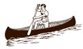 Kneeling man propelling an open canoe with a paddle Royalty Free Stock Photo