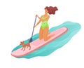 Kneeling woman is paddling with paddle board on the water with pet dog Royalty Free Stock Photo