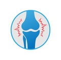 Knees pain. Knee joint inflammation in circle, logo design. Rheumatology and traumatology, vector design and