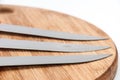 Knife blades on a kitchen wooden board Royalty Free Stock Photo