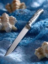 Knife on blue net with seashells, ocean-themed still life. Royalty Free Stock Photo