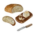 Knife board butter loaf bread watercolor sketch