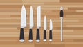 Knife collection kitchen set with wood background