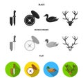 Knife with a cover, a duck, a deer horn, a compass with a lid.Hunting set collection icons in black, flat, monochrome