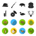Knife with a cover, a duck, a deer horn, a compass with a lid.Hunting set collection icons in black,flet style vector