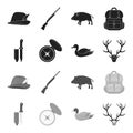 Knife with a cover, a duck, a deer horn, a compass with a lid.Hunting set collection icons in black,monochrome style