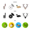 Knife with a cover, a duck, a deer horn, a compass with a lid.Hunting set collection icons in cartoon,black,flat style