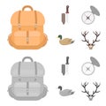 Knife with a cover, a duck, a deer horn, a compass with a lid.Hunting set collection icons in cartoon,monochrome style