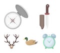 Knife with a cover, a duck, a deer horn, a compass with a lid.Hunting set collection icons in cartoon style vector