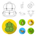 Knife with a cover, a duck, a deer horn, a compass with a lid.Hunting set collection icons in outline,flat style vector