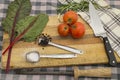 Knife of cutting board for food preparation and organic meal concept.