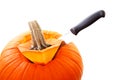 Knife is cutting in pumpkin