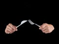 A knife and fork being held by womans hands. Royalty Free Stock Photo