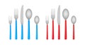 Knife and fork. Cutlery, dishes, coffee spoon, spoon. Red and blue litchen utensils. Vector stock illustration.